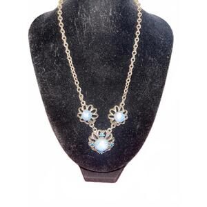 Faux Blue Opal Flower Bib Necklace With Silver Tone Chain